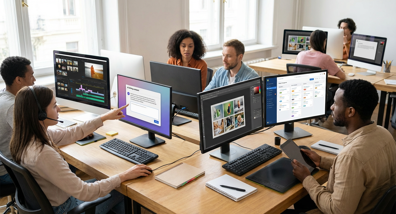 AI tools assisting content creators with writing, design, and video production