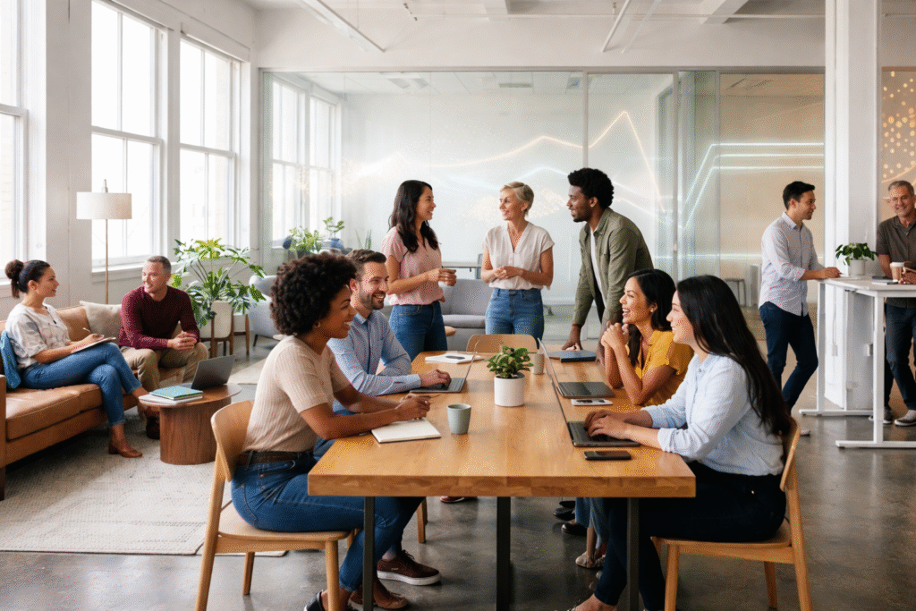 AI tools for marketing professionals collaborating to plan data-driven campaigns in a modern office