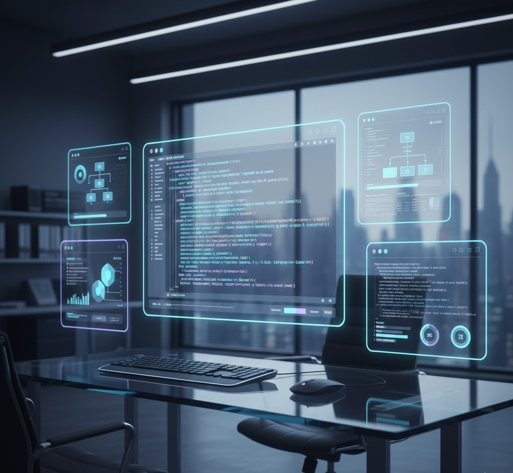 Futuristic workspace showing AI Coding Tools in 2026, with holographic code and analytics screens floating above a modern desk in a tech office.