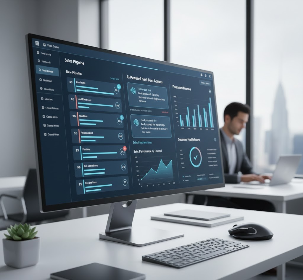 AI tools for small business owners displayed on a modern sales dashboard in an office environment