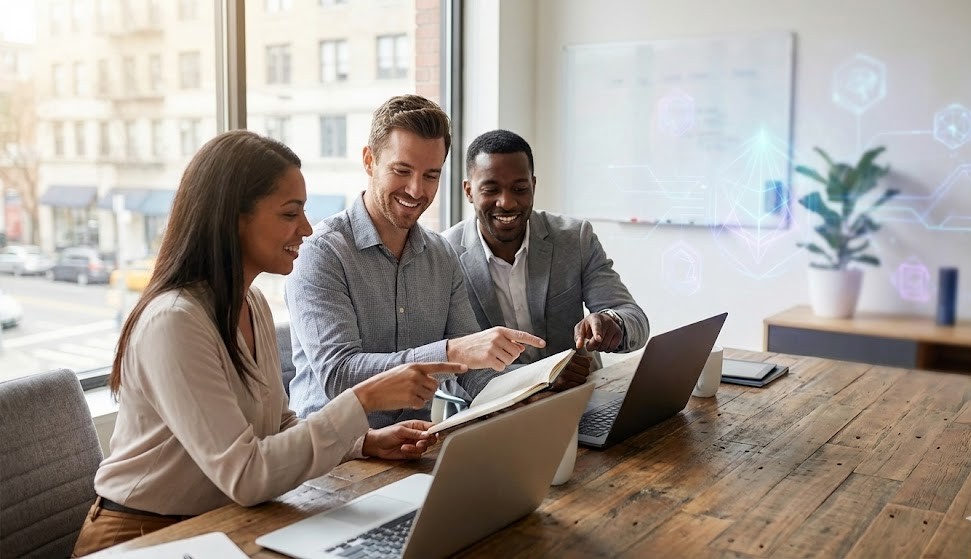 HR professionals using AI tools to review candidate information and workforce data