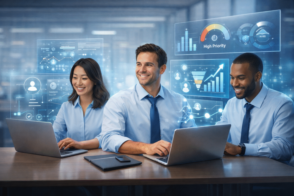 Sales professionals working together with AI-driven dashboards for lead scoring, sales forecasting, and engagement insights