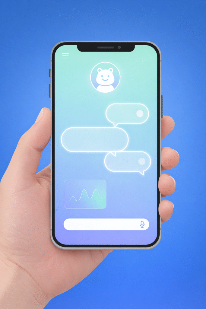 Concept illustration of an AI chat assistant on a smartphone, showing chat bubbles on a blue gradient background.