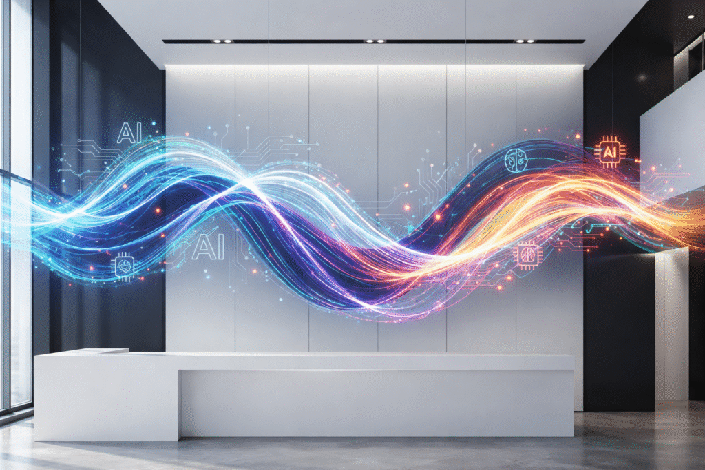 AI Careers, Abstract colorful AI data wave flowing across a modern office wall, symbolizing artificial intelligence and digital transformation.