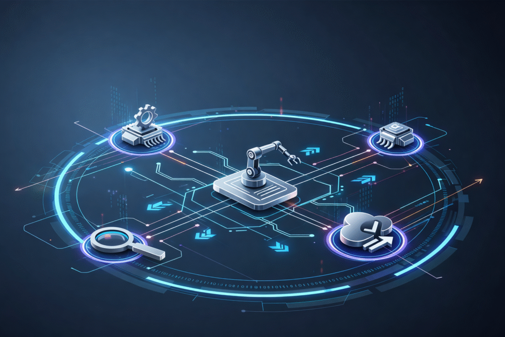 Automation and AI connecting multiple digital workflows, representing modern Business Tools for 2026..