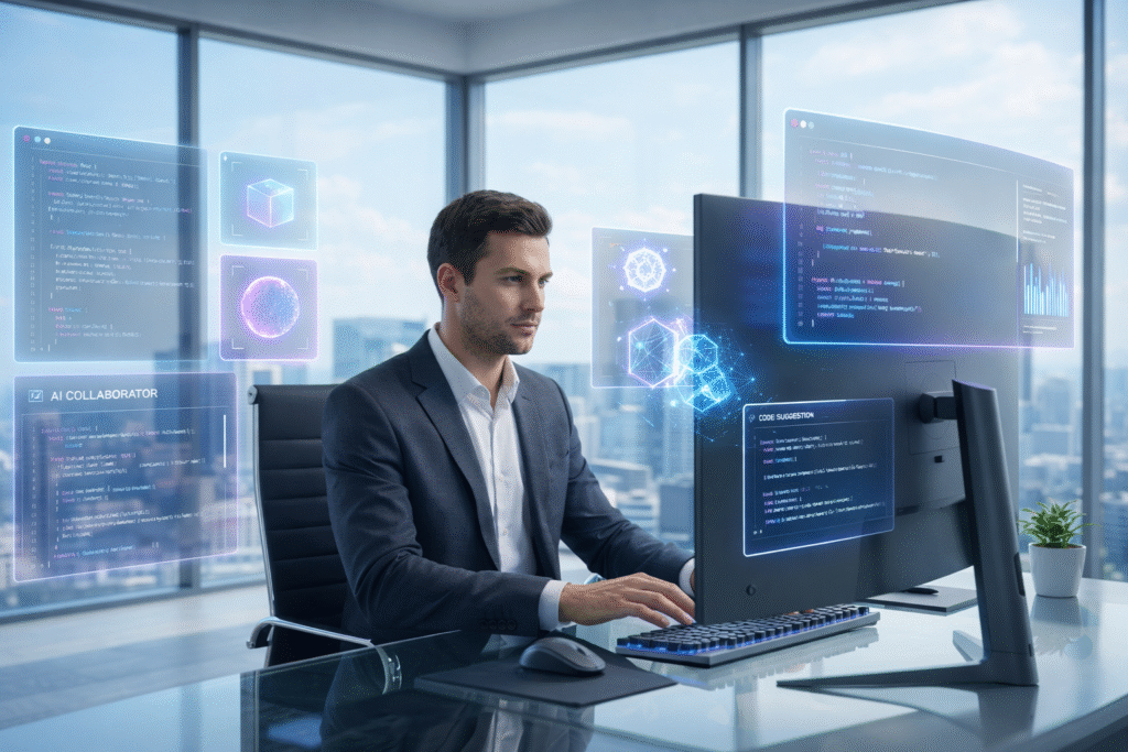 Software developer working at a modern desk with AI coding tools and holographic code panels in a futuristic office overlooking a city skyline