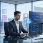 Software developer working at a modern desk with AI coding tools and holographic code panels in a futuristic office overlooking a city skyline