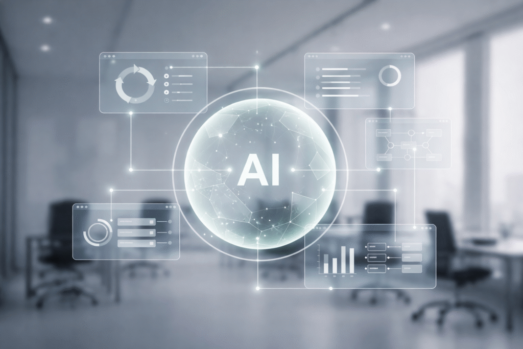 Abstract AI technology interface with data dashboards connected to a glowing AI sphere in a modern office environment.
