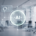 Abstract AI technology interface with data dashboards connected to a glowing AI sphere in a modern office environment.