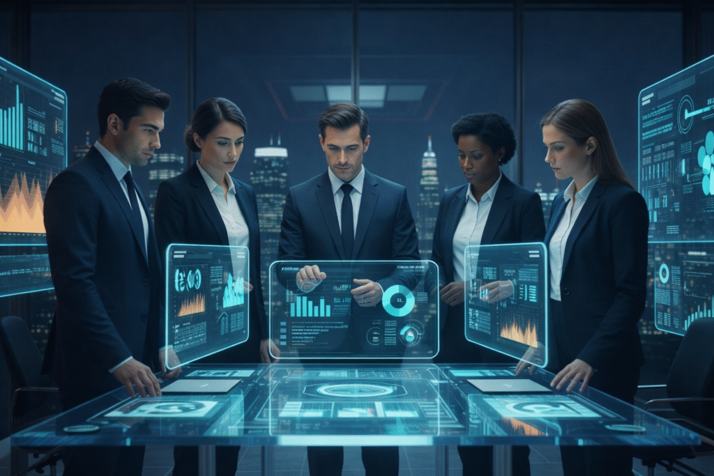 AI-powered HR analytics illustration showing human collaboration with artificial intelligence dashboards, data insights, and workforce analytics for improving employee retention and ROI