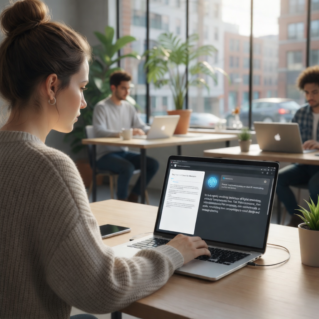 Small business professional using an AI content creation tool on a laptop in a modern coworking space