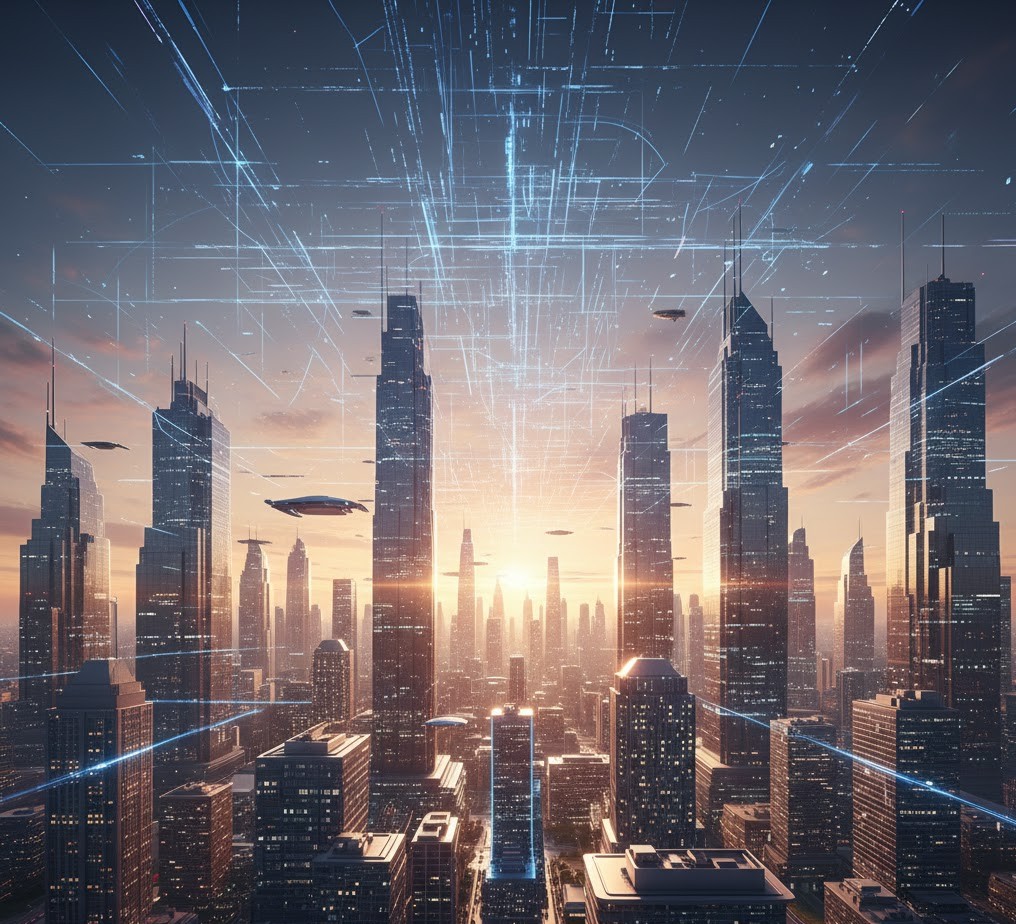 Future digital city and global connectivity representing long-term vision
