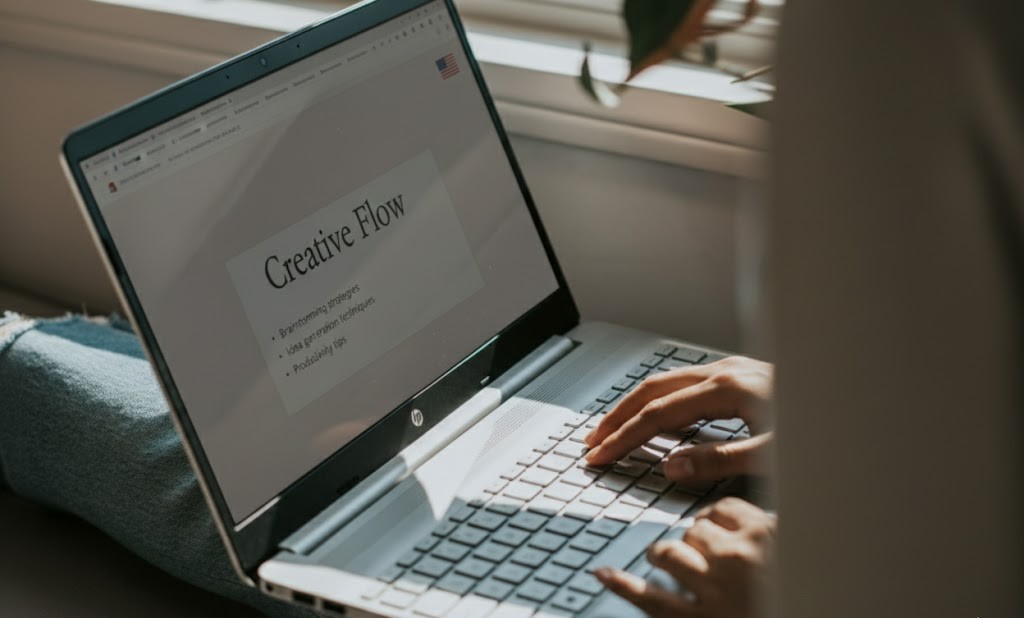 Remote worker preparing a Creative Flow presentation on a laptop.