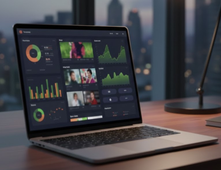 Laptop showing analytics dashboard with charts and performance data