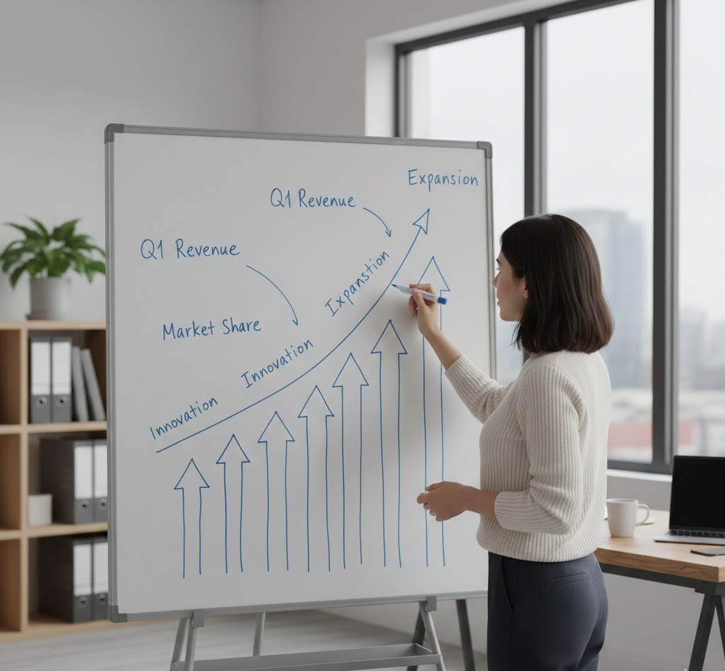 Woman planning business growth on a whiteboard after completing online courses to start a business.