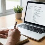 Person studying an online entrepreneurship course on a laptop while taking handwritten notes at a desk