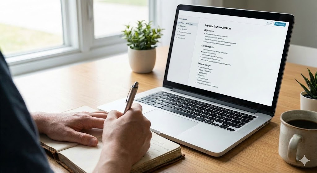 Person studying an online entrepreneurship course on a laptop while taking handwritten notes at a desk