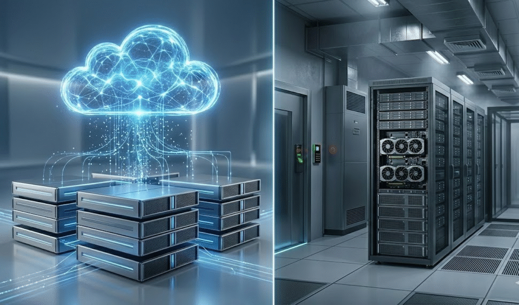 cloud vs on prem AI 3D illustration with cloud computing and on-premise servers