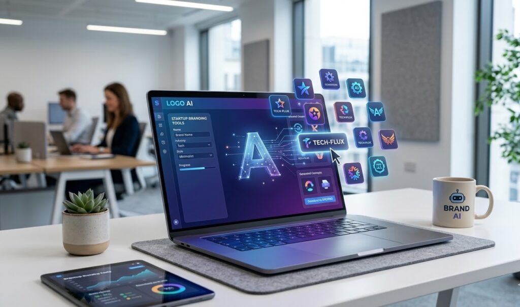 AI logo generator creating modern brand logos on a digital interface