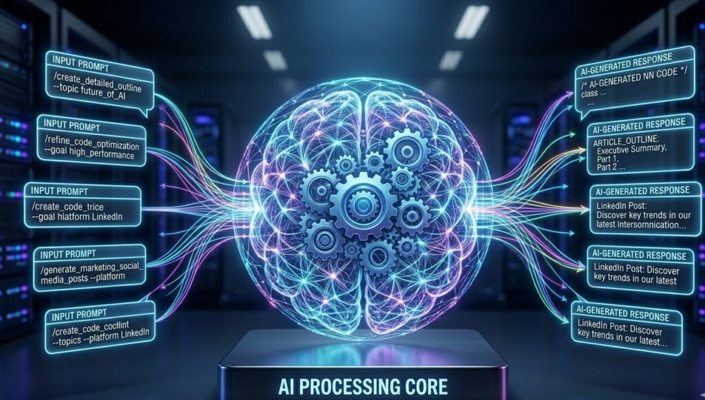 Prompt engineering workflow diagram showing input text prompt processed by AI to generate output text.